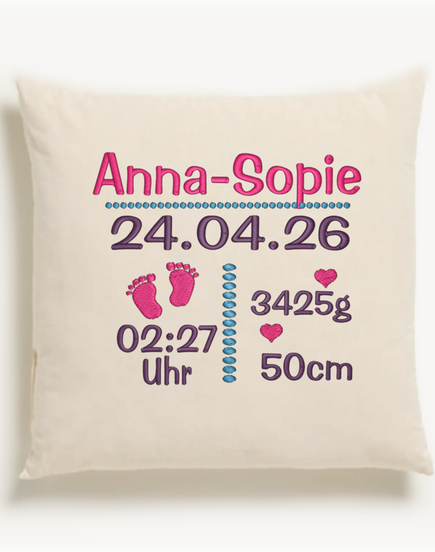 Kissen mit Namen und Geburtsdatum bestickt