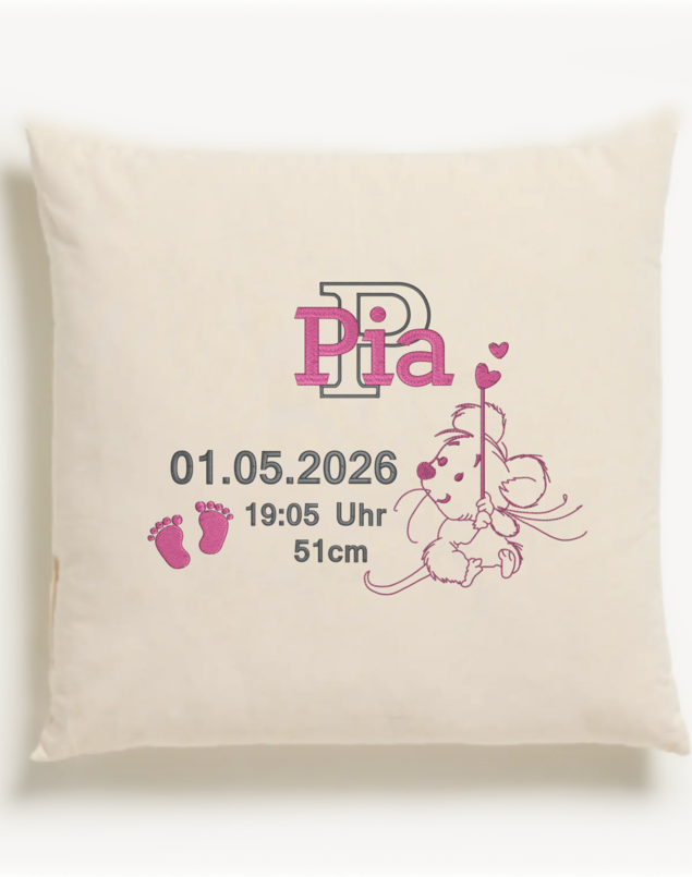 Kissen zur Geburt mit Namen und Geburtsdaten bestickt